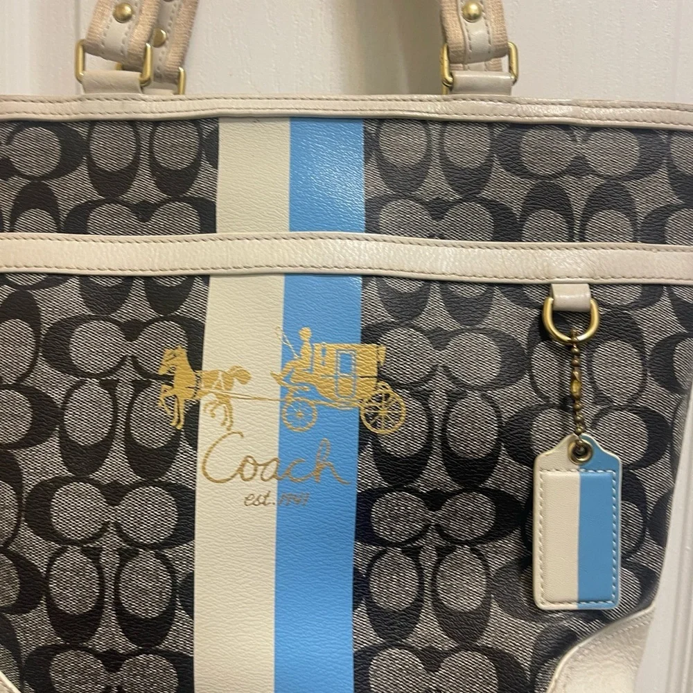 Coach bag gray and black with blue and white stripes gold logo in the front_3